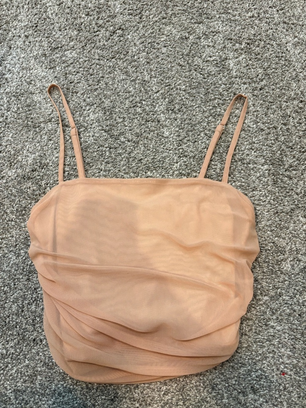 PrettyLittleThing Sheer Nude Ruched Spaghetti Strap Crop Top